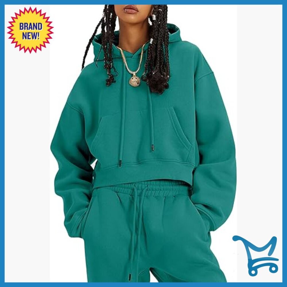 Fleece Jogger Set Crop Top Hoodie High Waist Pants Activewear